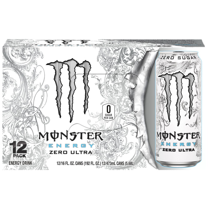 (12 Cans) Monster Zero Ultra, Sugar Free Energy Drink, 16 fl oz