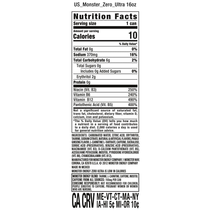 (12 Cans) Monster Zero Ultra, Sugar Free Energy Drink, 16 fl oz