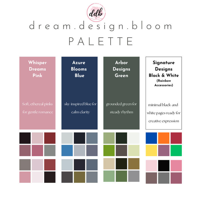 Color palette with swatches and descriptions labeled 'Whisper Dreams Pink', 'Azure Blooms Blue', 'Arbor Designs Green', and 'Signature Designs Black & White'.