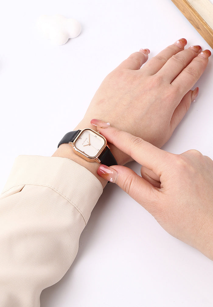 Adelie Rose Gold Leather Analog Watches (Black)