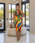 Alizey Multi-Color Deep V Front Midi Dress