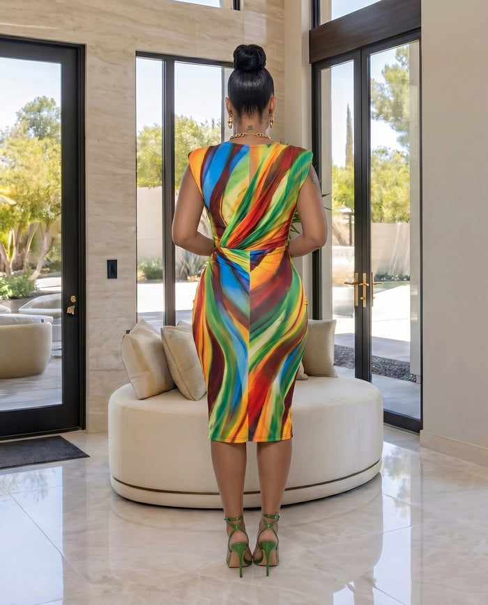 Alizey Multi-Color Deep V Front Midi Dress