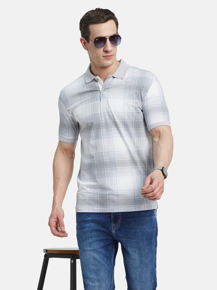 AOP CHECK PRINT POLO NECK SINGLE JERSEY KNIT T-SHIRT