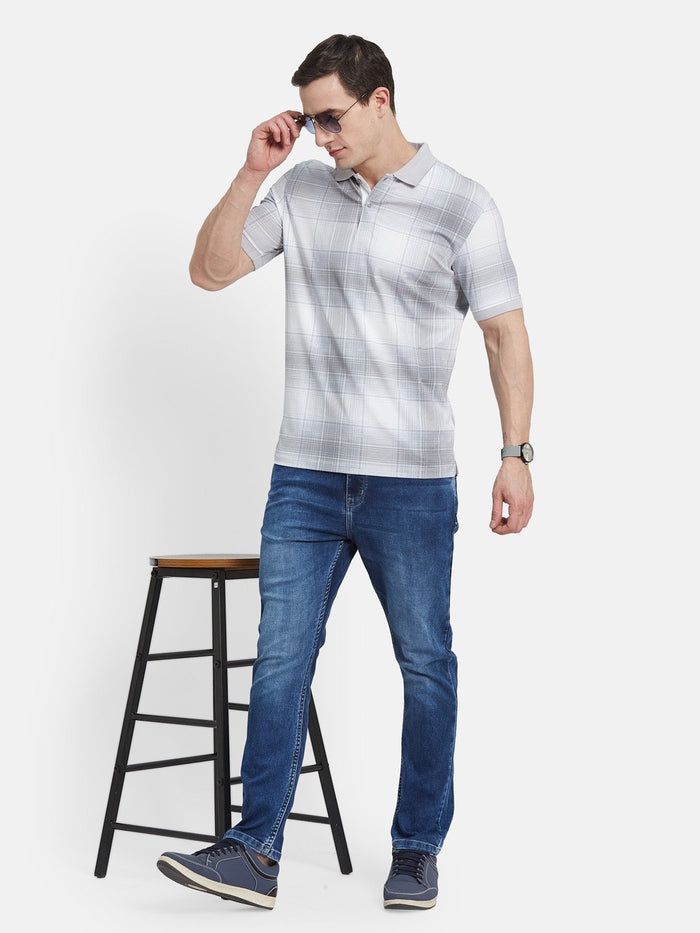 AOP CHECK PRINT POLO NECK SINGLE JERSEY KNIT T-SHIRT