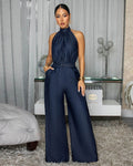 Arabelle Dark Denim Woven Halter Jumpsuit