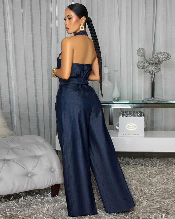 Arabelle Dark Denim Woven Halter Jumpsuit