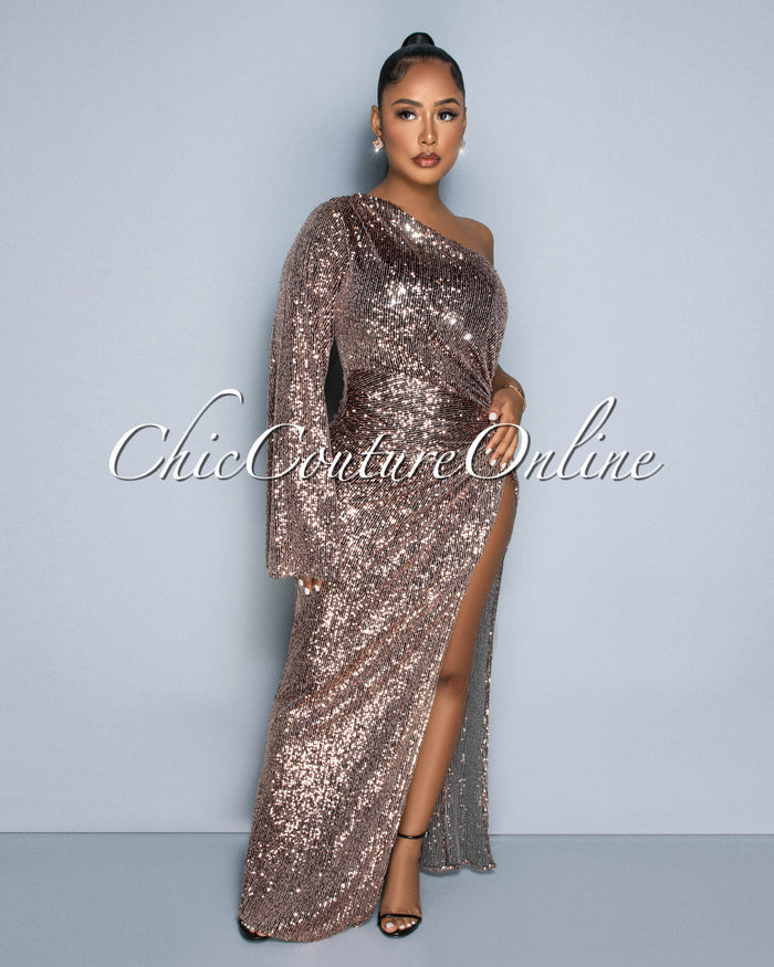 *Ariza Black Rose Gold Sequins Single Shoulder Maxi Dress
