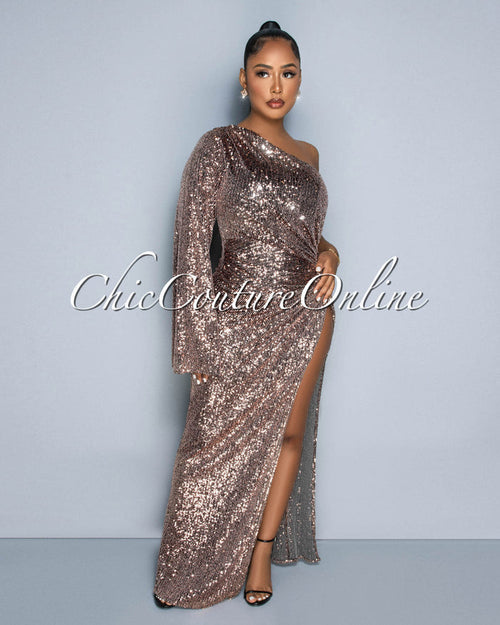 *Ariza Black Rose Gold Sequins Single Shoulder Maxi Dress