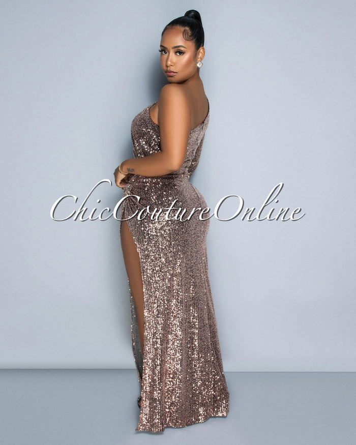 *Ariza Black Rose Gold Sequins Single Shoulder Maxi Dress