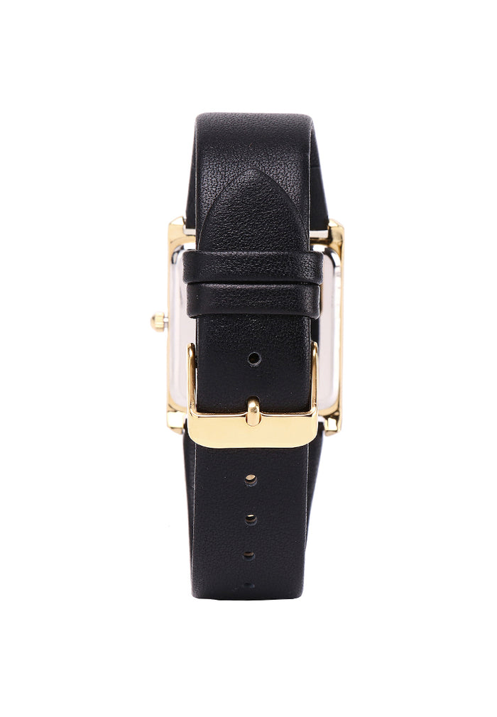 Atharis Gold Leather Watch with Necklace Set (Black)