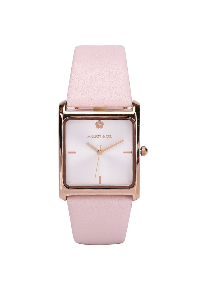Atharis Rose Gold Leather Watch with Necklace Set (Pink)