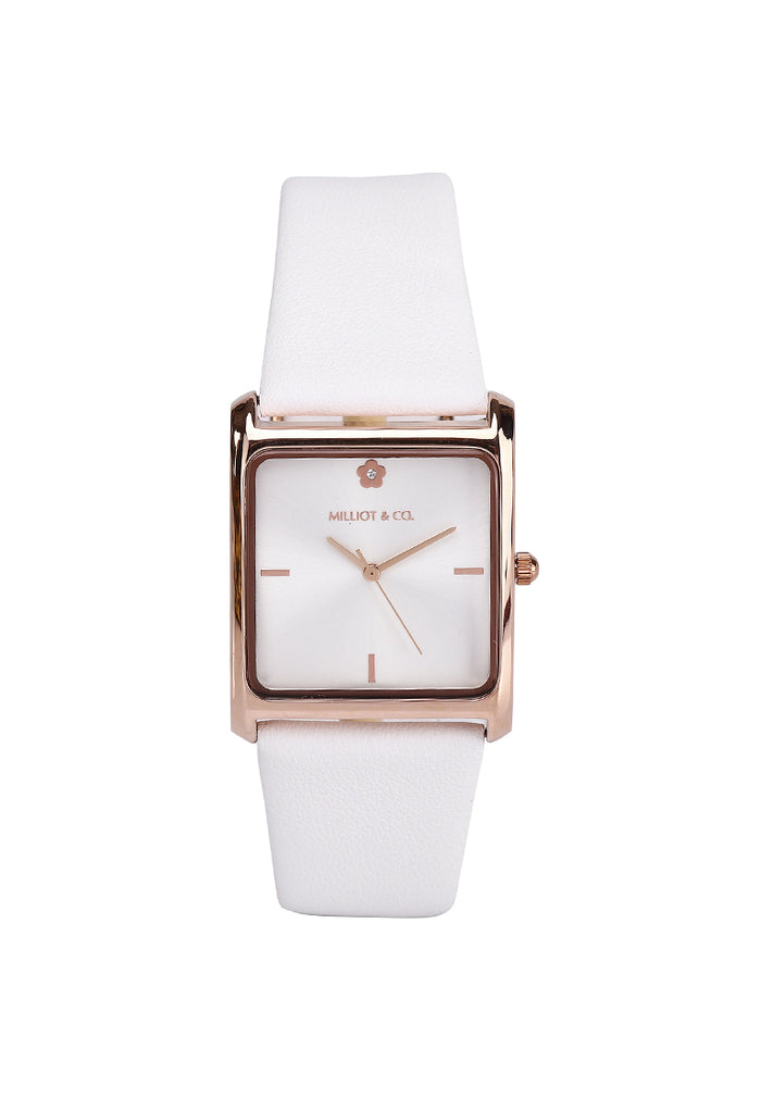 Atharis Rose Gold Leather  Watch with Necklace Set (White)