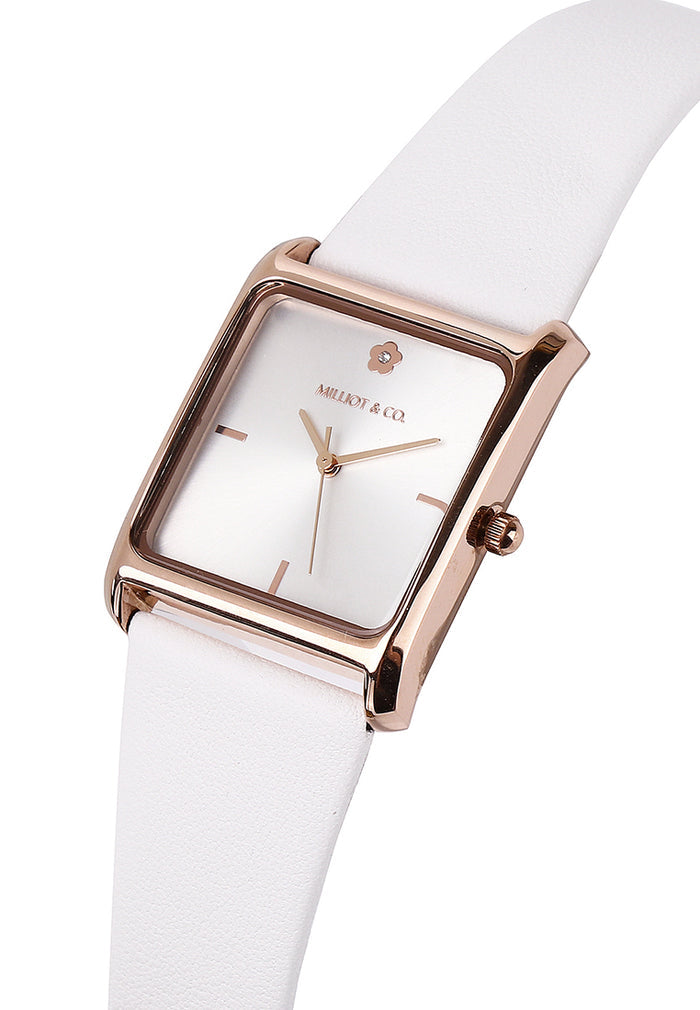 Atharis Rose Gold Leather  Watch with Necklace Set (White)