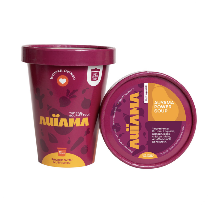 Auyama Power Soup served warm — high-protein organic soup with butternut squash and chicken