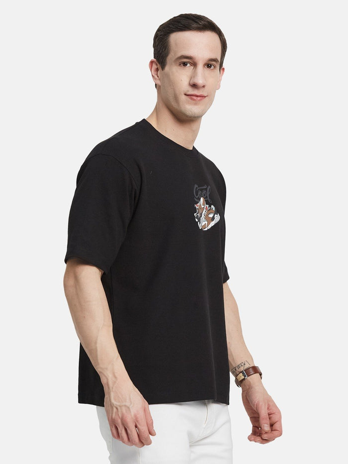 BACK PRINT ROUND NECK WAFFLE KNIT T-SHIRT