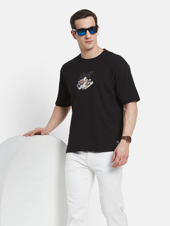 BACK PRINT ROUND NECK WAFFLE KNIT T-SHIRT