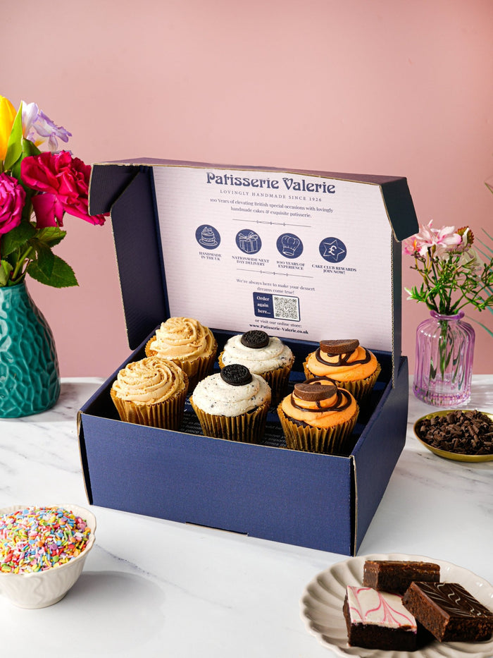 Patisserie Valerie gift box of six cupcakes in Biscoff, cookies and chocolate orange flavours