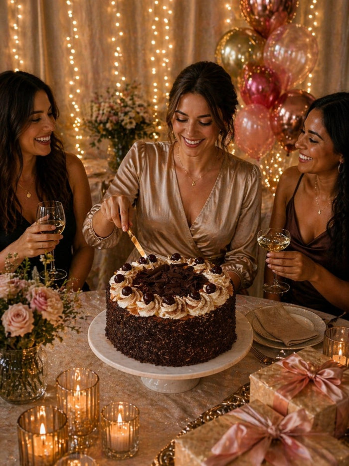 Friends at a candlelit celebration table cutting into a Black Forest Gateau