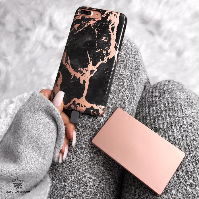 Black Marble Rose Gold Chrome iPhone Case – Aesthetic Shockproof Phone Cover