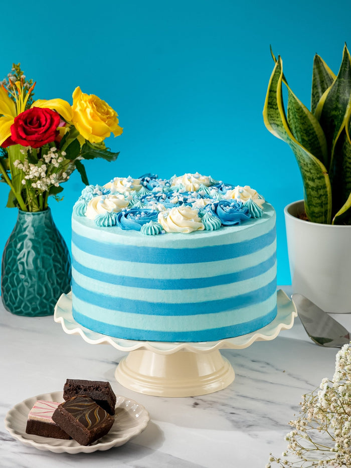 Patisserie Valerie's handmade Blue Candy Stripe Gateau cake delivery