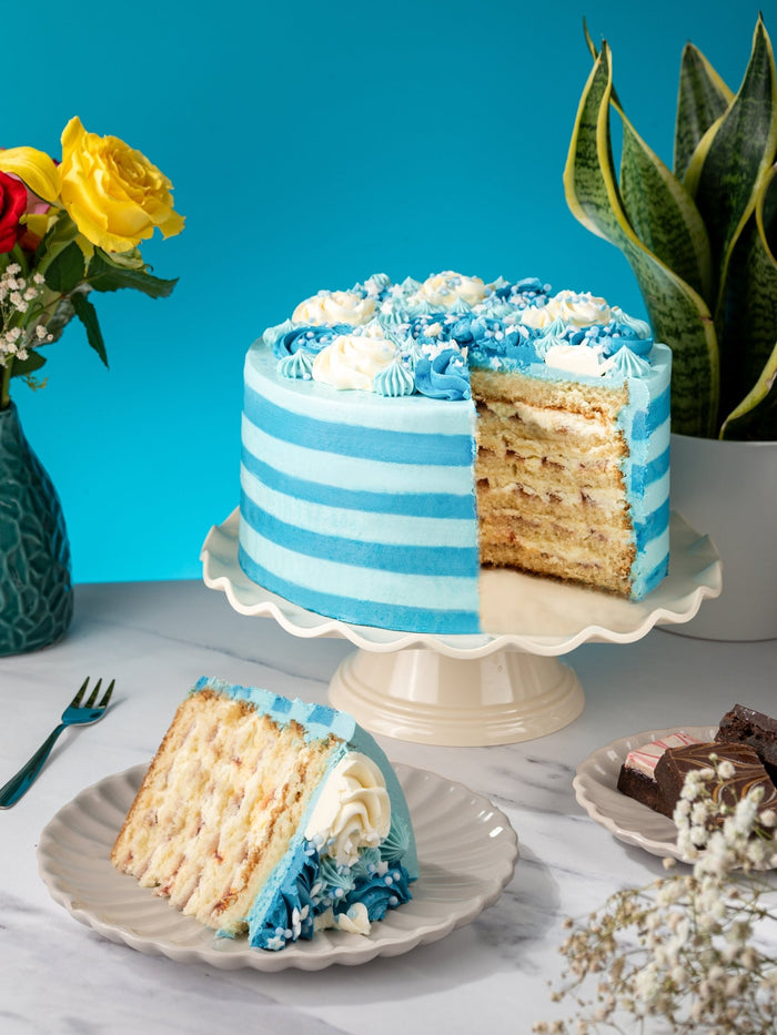 Patisserie Valerie's handmade Blue Candy Stripe Gateau cake delivery