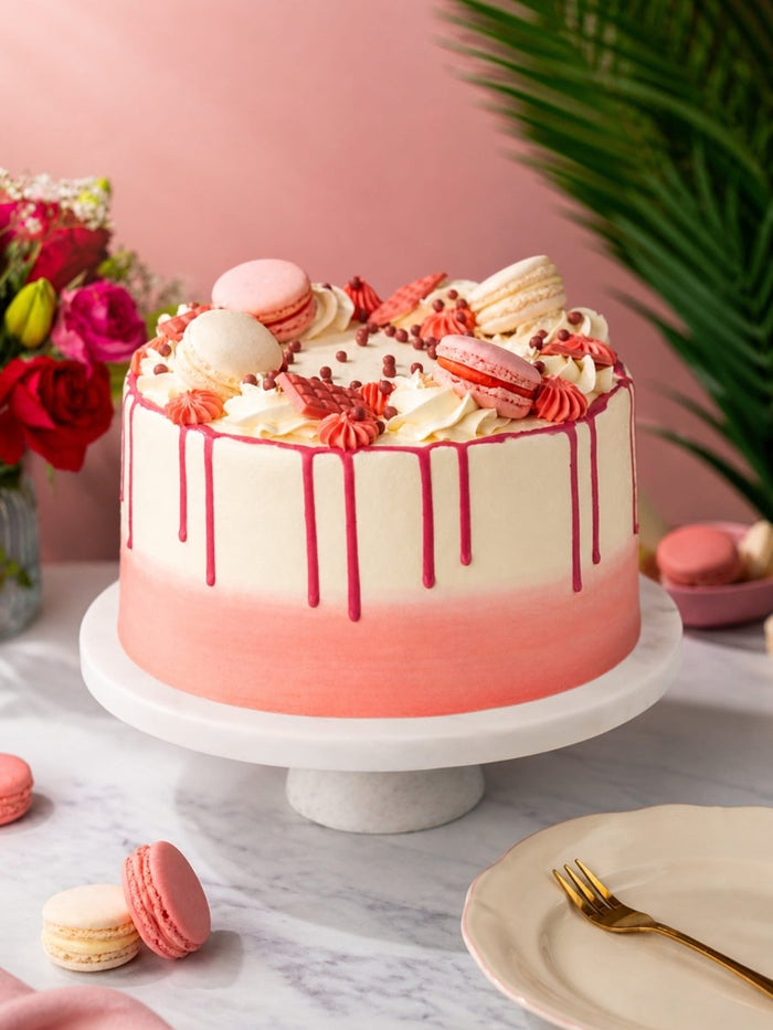 Blush Pink Celebration Drip Cake with a raspberry drip, macarons and piped cream on top