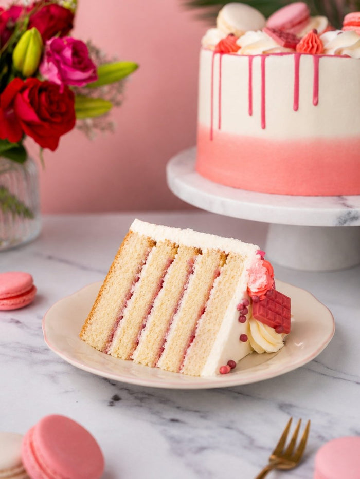 Slice of blush pink drip cake showing raspberry cream between vanilla sponge layers