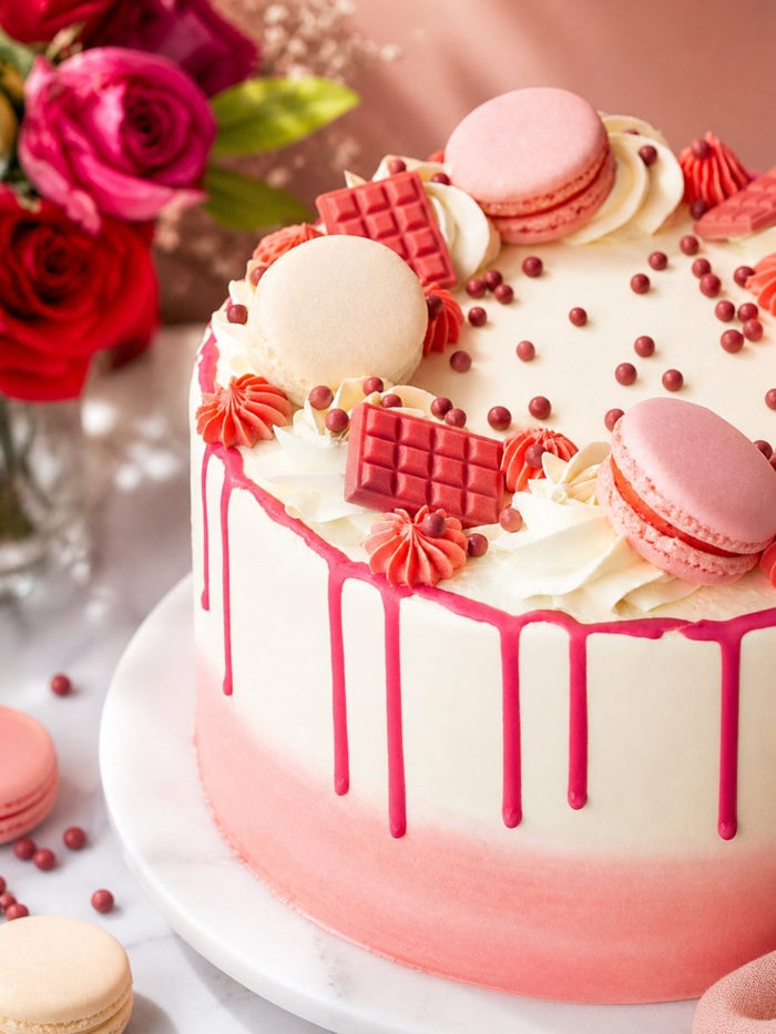 Close view of the macarons, pink chocolate and raspberry drip on the blush pink cake