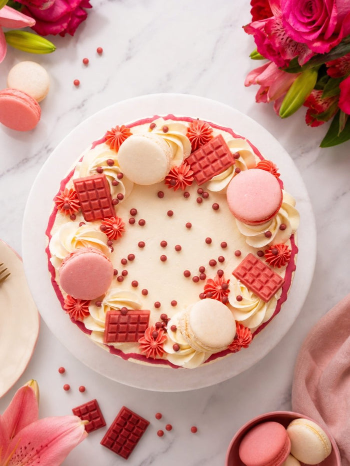 Overhead view of the blush pink cake, macarons and pink chocolate set around a plain centre