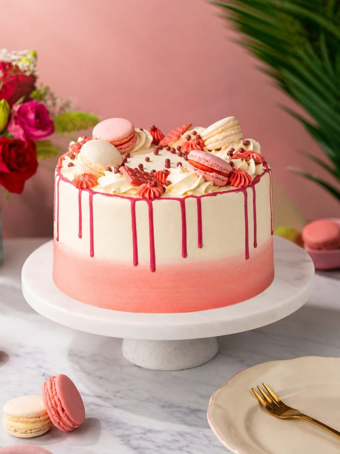 Whole Blush Pink Celebration Drip Cake with its pink ombre buttercream and raspberry drip