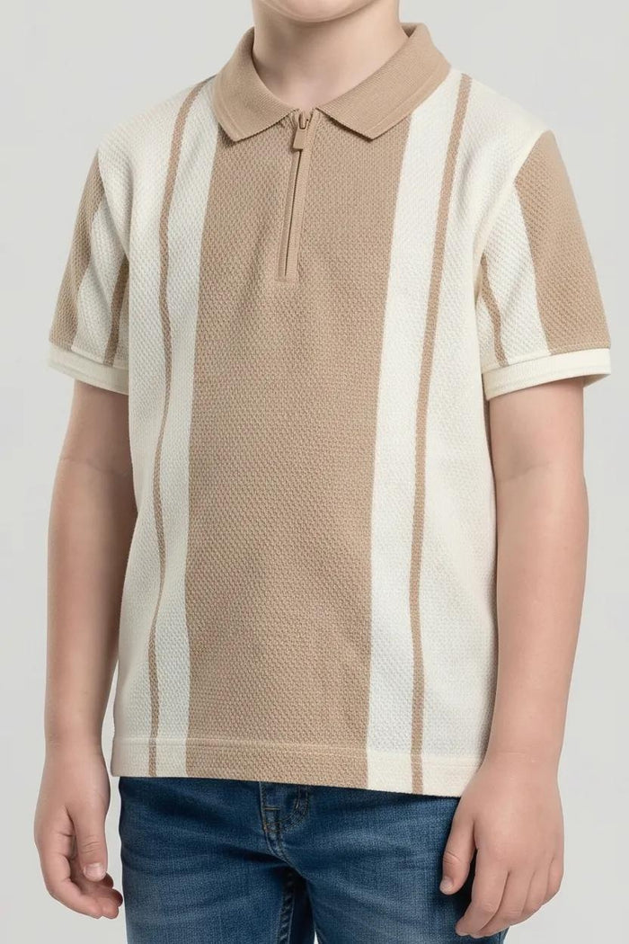 Boy Khaki ColourBlocked Polo Neck T-Shirt