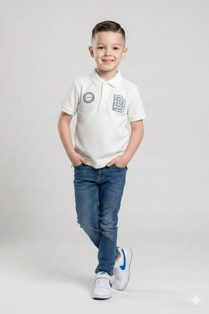 Boy Off White Printed Polo Neck T-Shirt