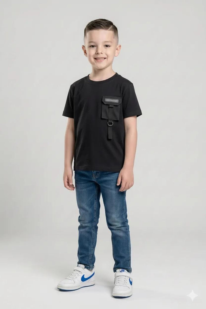 Boys Black Cotton Solid T-shirt