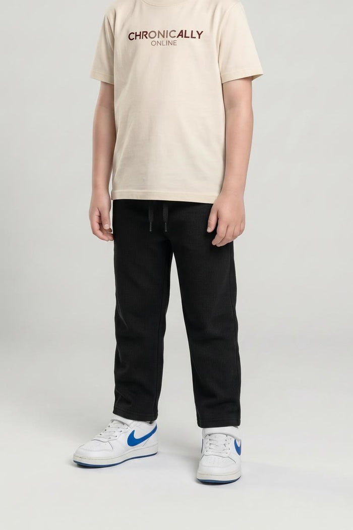 Boys Black Regular Fit Textured Joggers
