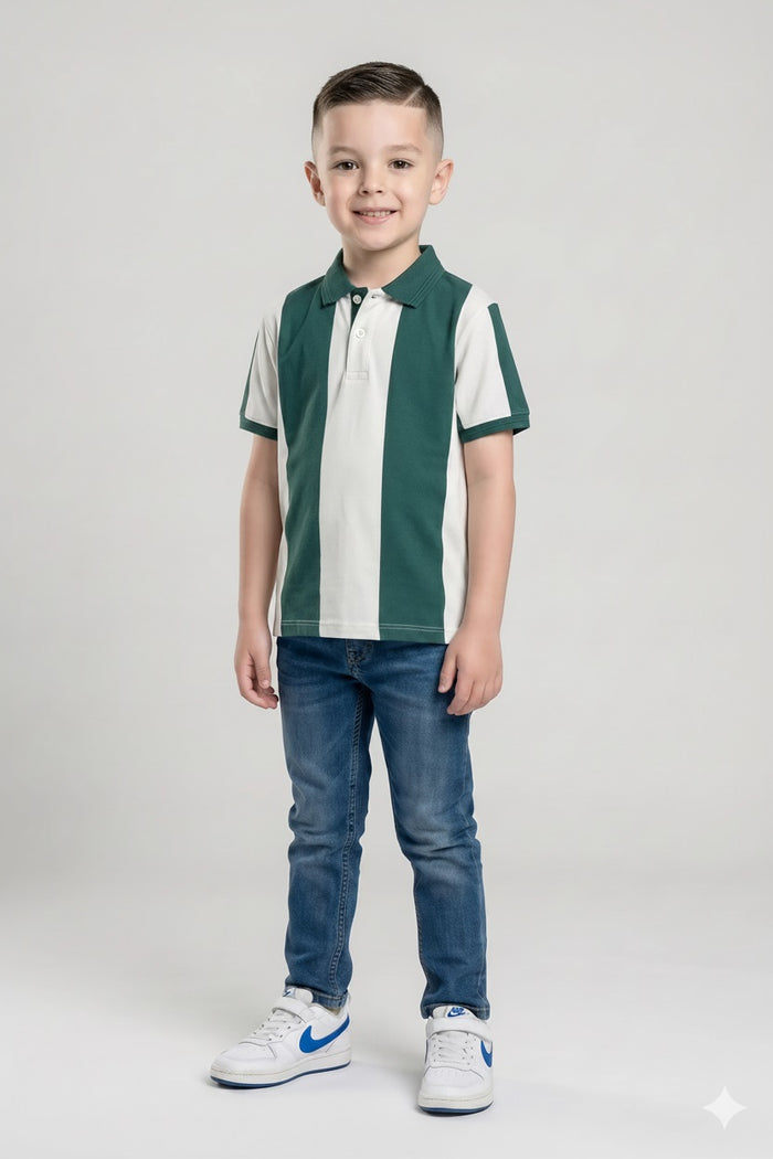 Boys Green Striped Polo Collar T-shirt
