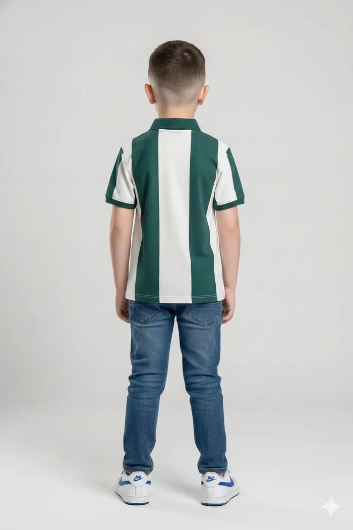 Boys Green Striped Polo Collar T-shirt