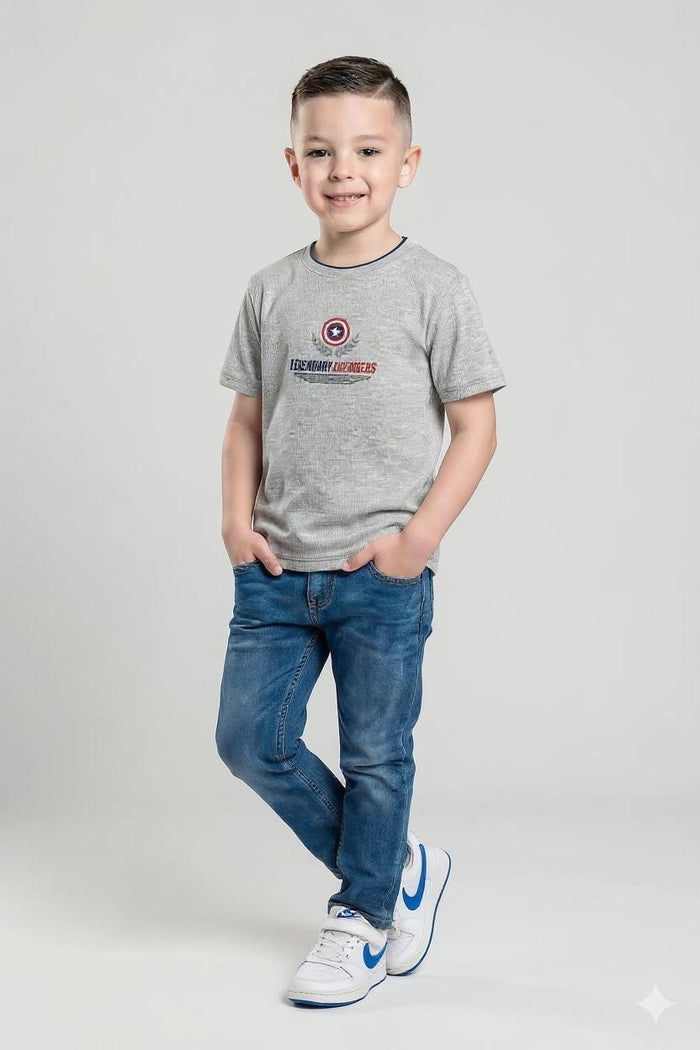 Boys Grey Melange Captain America Printed T-shirt