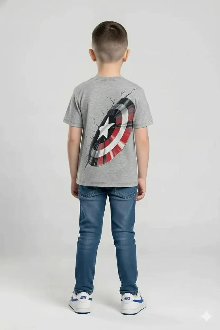 Boys Grey Melange Captain America Printed T-shirt