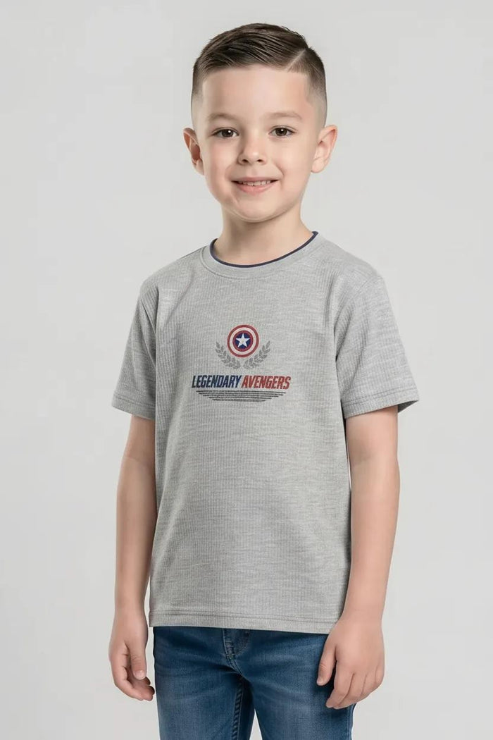 Boys Grey Melange Captain America Printed T-shirt