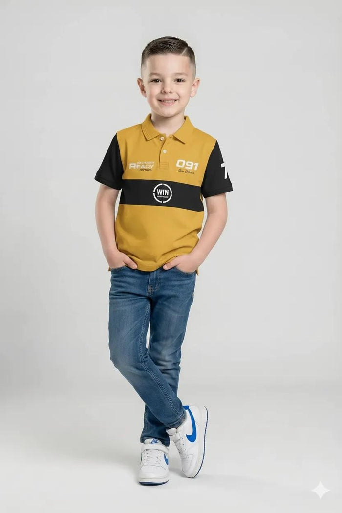 Boys Mustard Colourblocked Polo Collar T-shirt