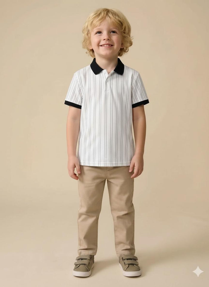 Boys Navy Striped Polo Collar T-shirt