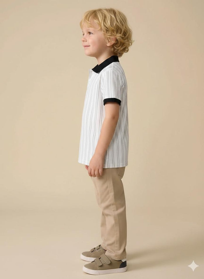 Boys Navy Striped Polo Collar T-shirt