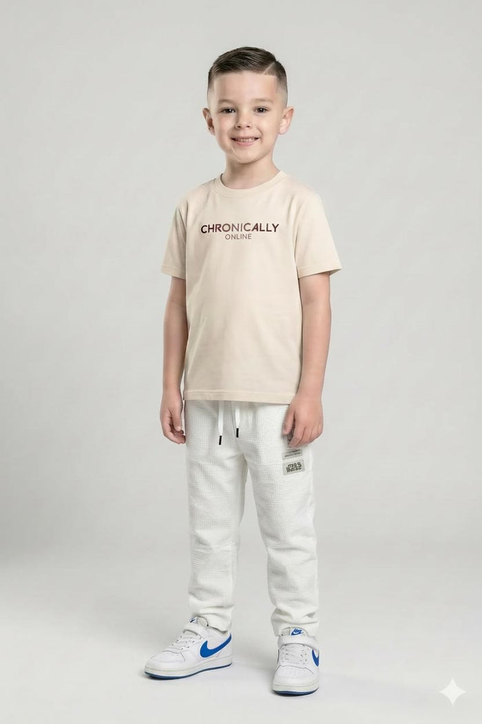 Boys Off White Regular Fit Textured Joggers