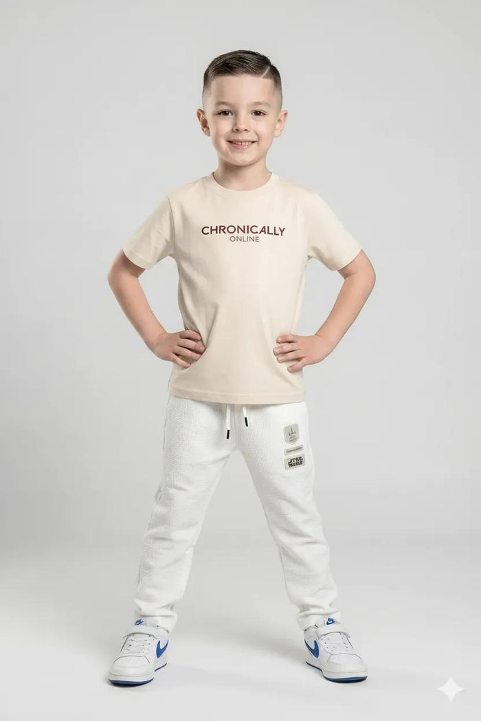 Boys Off White Regular Fit Textured Joggers