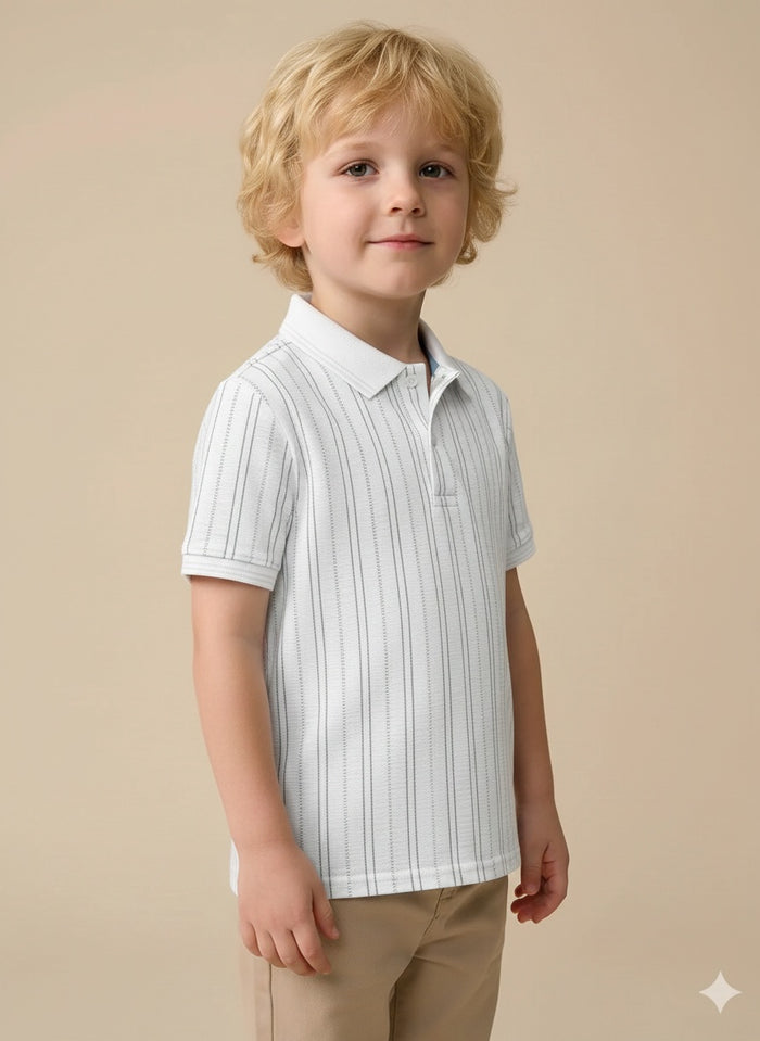 Boys Off White Striped Polo Collar T-shirt