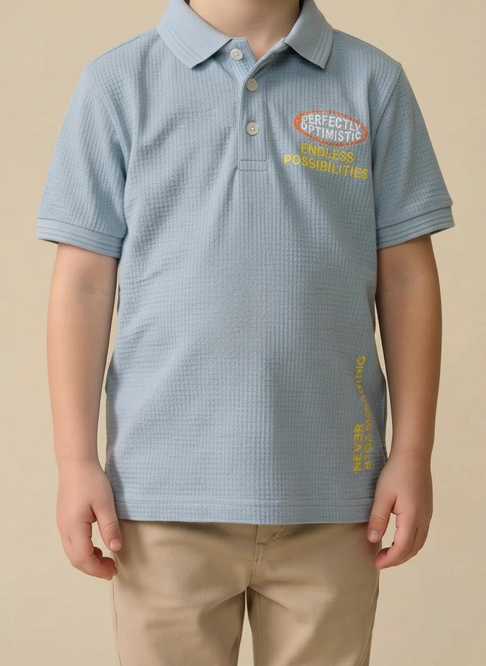Boys Oxford Blue Printed Polo Collar T-shirt