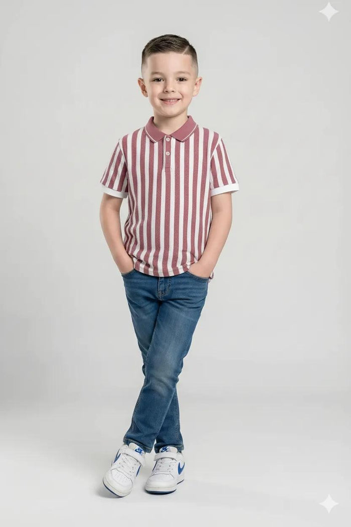 Boys Suede Pink Striped Polo Collar T-shirt