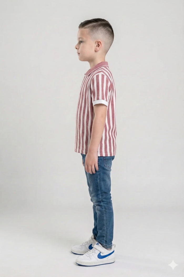 Boys Suede Pink Striped Polo Collar T-shirt