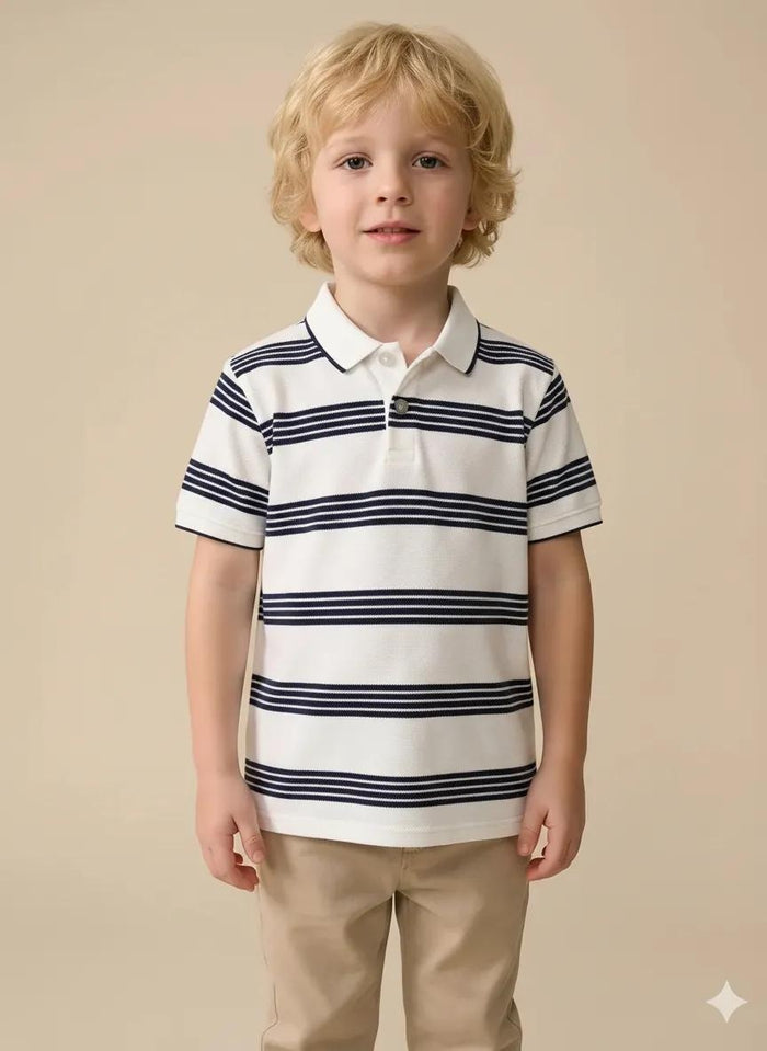 Boys White Striped Polo Collar T-shirt