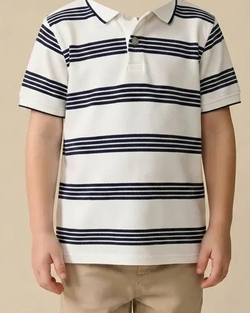 Boys White Striped Polo Collar T-shirt